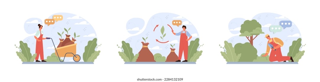 Jardinería y plantaciones. El cuidado de las plantas, las flores y las verduras. Granja orgánica o huerto. Ilustración vectorial plana