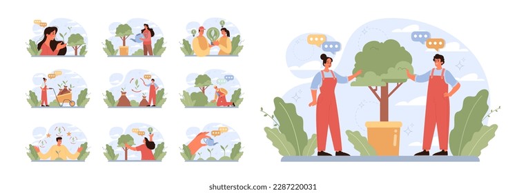 Gardening and planting set. Character taking care of plants, flowers and vegetables. Organic farm or house garden. Flat vector illustration