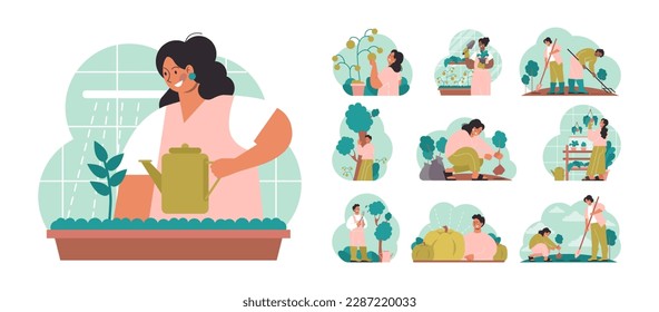 Gardening and planting set. Character taking care of plants, flowers and vegetables. Organic farm or house garden. Flat vector illustration