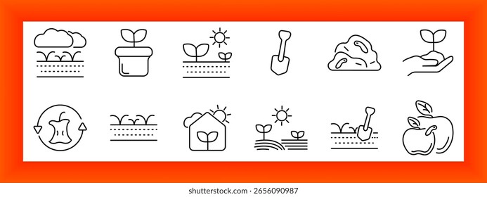 Gardening and planting set icon. Cloud with sprouts, plant pot, sun with sprouts, shovel, soil, hand with seedling, compost, garden bed, greenhouse, apple, field.