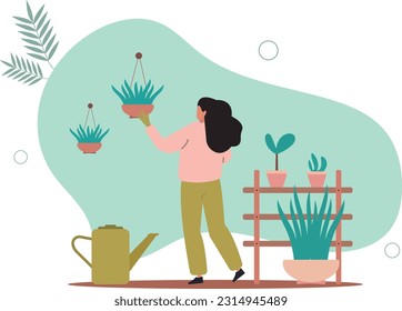 Gardening and planting.Character taking care of plants.woman grows plants at home.