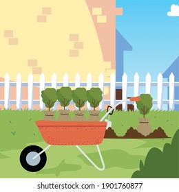 gardening, plants with bag on wheelbarrow for planting in yard vector illustration