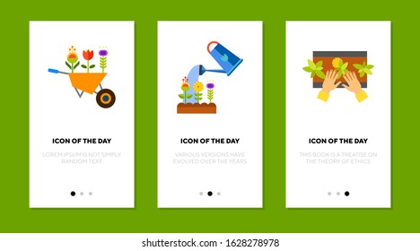 Gardening plants flat vector icon set. Water, cart, green, blossom isolated sign pack. Gardening and plants concept. Vector illustration symbol elements for web design and apps.