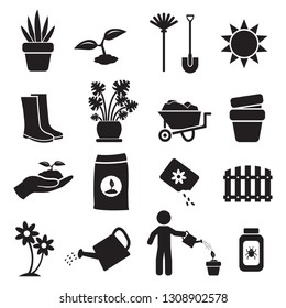 Gardening, plants and flowers vector icon set black, icons such as seeds, flowers, pots, watering can and others