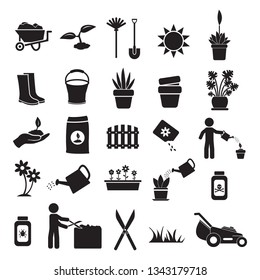 Gardening, plants and flowers vector icon set black, icons such as seeds, flowers, pots, shears, pesticide, trimming, shears, lawn mower and others