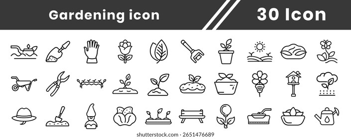 Plantas de jardinagem ícone de linha conjunto coleção. jardinagem, plantio,   crescimento, corte, gramado, sujeira, vetor, fertilizante, serviço, árvore, grama, cortador de grama, ilustração Vetor EPS10