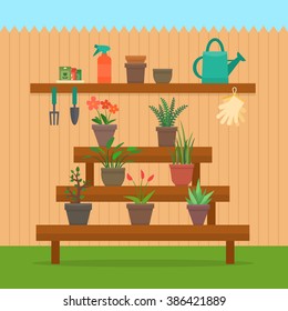 Gardening. Plants in pots with tools. Fence on background.  Flat style vector illustration.