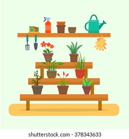 Gardening. Plants in pots with tools. Flat style vector illustration.
