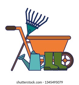 Gardening plants and tools blue lines