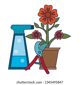 Gardening plants and tools blue lines