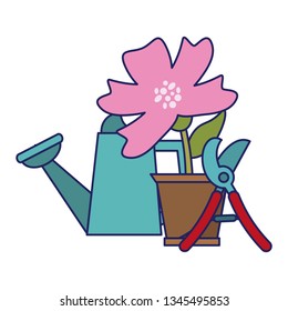 Gardening plants and tools blue lines