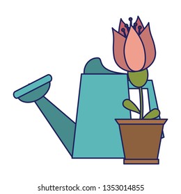 Gardening plants and tools blue lines