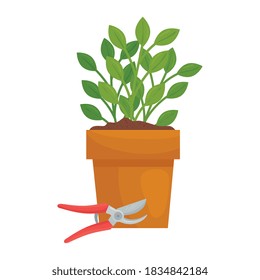 Gardening pliers and plant inside pot design, garden planting and nature theme Vector illustration