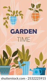 Conceito de cartaz de jardinagem. Pendurando vasos com folhas tropicais e exóticas. Jardinagem e botânica, horticultura. Estufa com flores. Cartaz ou banner. Ilustração de vetor plano