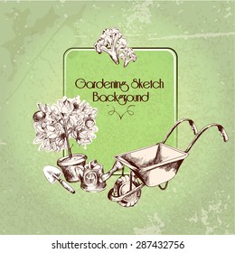 Gardening poster with sketch vegetables growing tools on textured background vector illustration