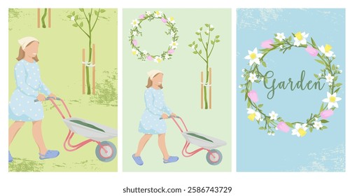 Gardening poster templates.Girl pushing a wheelbarrow. Blooming apple tree.Flower wreath of blossoming  tree branches, daffodils and tulips.Set Elements for background, brochure covers, cards
