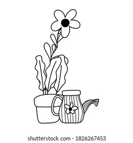 gardening, potted flower and watering can nature isolated line icon style vector illustration
