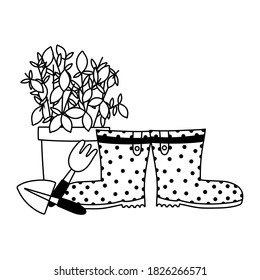 gardening, potted plant boots rake and spade tools vector illustration line icon style