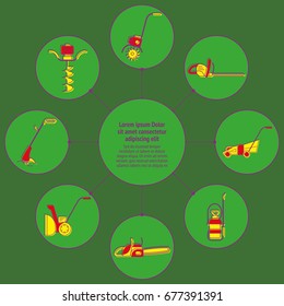 Gardening power tools for flyer or leaflet. Technique for garden and lawn care