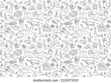 Gardening, preparing for the spring season, seedlings, growing vegetables on the farm, garden tools for hobby. Seamless pattern doodle style vector illustration