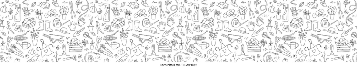Gardening, preparing for the spring season, seedlings, growing vegetables on the farm, garden tools for hobby. Seamless pattern doodle style vector illustration