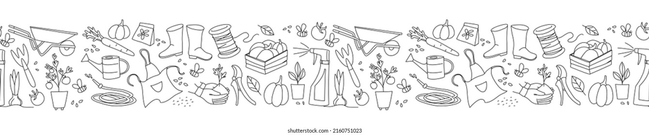 Gardening, preparing for the spring season, seedlings, growing vegetables on the farm, garden tools for hobby. Seamless pattern doodle style vector illustration