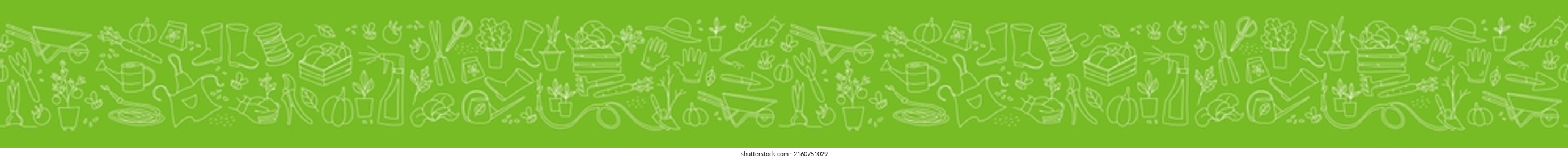 Gardening, preparing for the spring season, seedlings, growing vegetables on the farm, garden tools for hobby. Seamless pattern doodle style vector illustration. Colors green, white