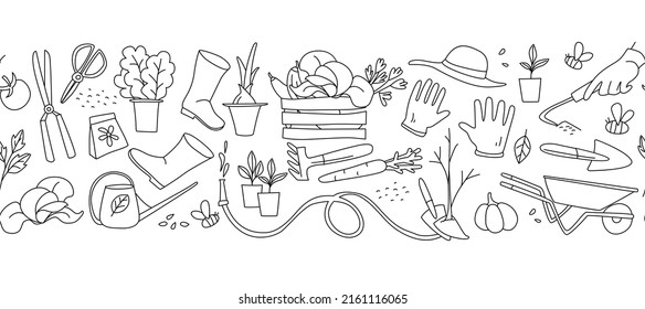 Gardening, preparing for the spring season, seedlings, growing vegetables on the farm, garden tools for hobby. Seamless pattern doodle style vector illustration