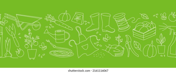 Gardening, preparing for the spring season, seedlings, growing vegetables on the farm, garden tools for hobby. Seamless pattern doodle style vector illustration. Colors green, white
