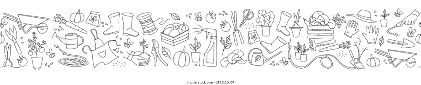 Gardening, preparing for the spring season, seedlings, growing vegetables on the farm, garden tools for hobby. Seamless pattern doodle style vector illustration