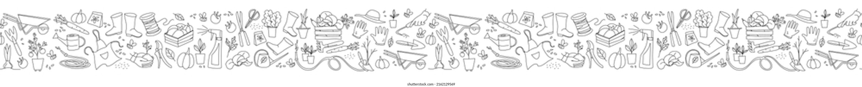 Gardening, preparing for the spring season, seedlings, growing vegetables on the farm, garden tools for hobby. Seamless pattern doodle style vector illustration