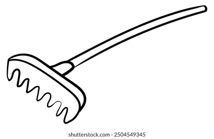 Gardening rake tool side view hand drawn outline vector illustration. Isolated on white background