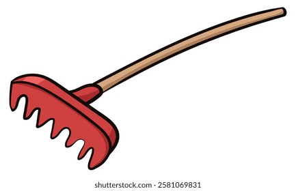 Gardening rake tool side view colored doodle vector illustration. Isolated on white background