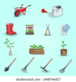 Gardening realistic decorative icons set of tools for work in garden, seedling gloves and package with fertilizer vector illustration