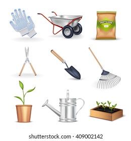 Gardening realistic decorative icons set of tools for work in garden seedling gloves and package with fertilizer vector illustration 