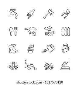 Gardening related icons: thin vector icon set, black and white kit