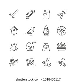 Gardening related icons: thin vector icon set, black and white kit
