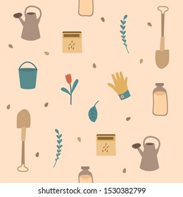 Gardening related seamless pattern. Cartoon flat style vector texture. Garden plants. Hand drawn spring or summer surface. pattern with watering can, gloves, tulip, bucket, leaf and seeds.