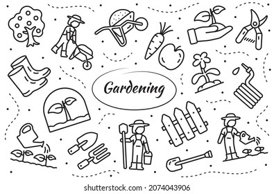 Gardening related set. Vector linear objects isolated on white background.