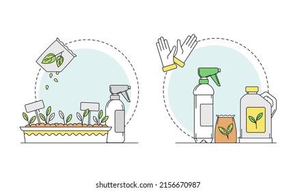 Gardening related symbols set. Growing of seedlings, gardening tools and fertilizers vector illustration