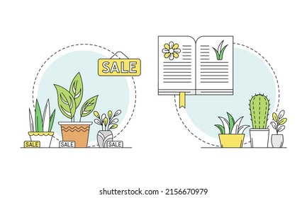 Gardening related symbols set. Sale of potted plants. Botany, eco farming concept vector illustration
