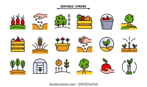 Conjunto de iconos de color de Vector relacionados con jardinería. Trazo editable. Contiene iconos como riego automático, siembra, invernadero y más. Ilustración vectorial aislada en blanco.