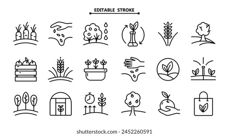 Gardening Related Vector Line Icons Set. Editable Stroke. Contains such Icons as Auto Watering, Seeding, Greenhouse and more. Vector illustration isolated on white.