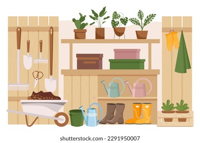 Gardening room, interior. Garden tools, farm clothes, boots, gloves, wheelbarrow and plants on the shelves. Illustration, vector.	

