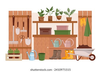 Sala de jardín, interior. Herramientas de jardín, ropa de granja, botas, guantes, carretillas y plantas en los estantes. Ilustración, vector