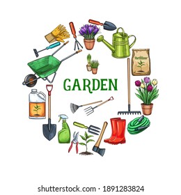 Gardening round frame banner, sketch style. Garden tools, potted flowers and fertilizer, sketch style. Vector illustration