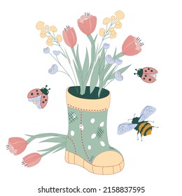 Gartengummistiefel mit Blumen für Frühlingsdrucke und Sommerkartendesign, handgezeichnete, handgezeichnete Vektorgrafik einzeln auf weißem Hintergrund.