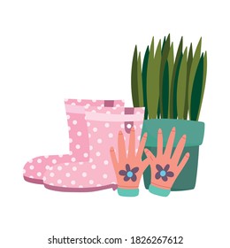 gardening, rubber boots gloves and potted plant isolated design vector illustration vector illustration