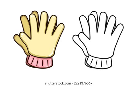 Gardening rubber gloves cute cartoon outline line art illustration. Gardening farming agriculture coloring book page activity worksheet for kids