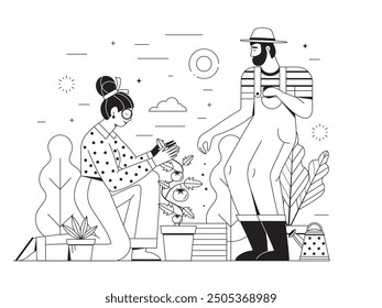 Gardening scene with couple planting seeds together. Spring farming line art concept with people growing veggies and green plants. Bearded man in hat and woman working at garden together.